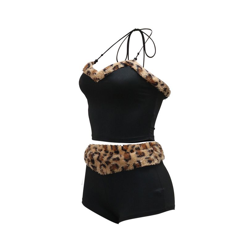 Leopard Print Two-Piece Set Women's Sexy Tie-Front Crop Top & Mini Skirt_voghion.com