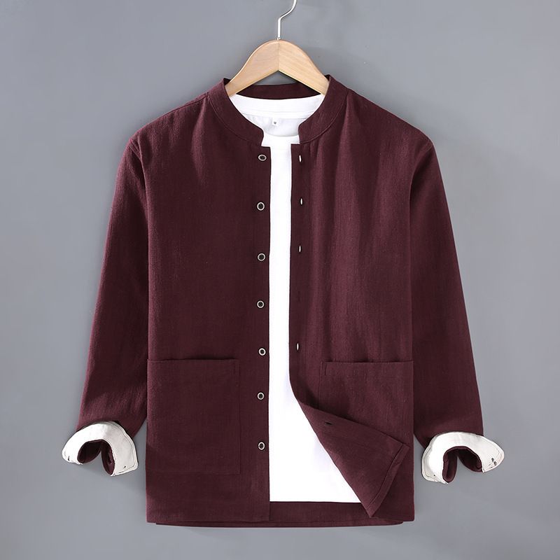 Giacca da lavoro in lino retrò da uomo, stile camicia con colletto rialzato, nuova collezione autunnale_voghion.com