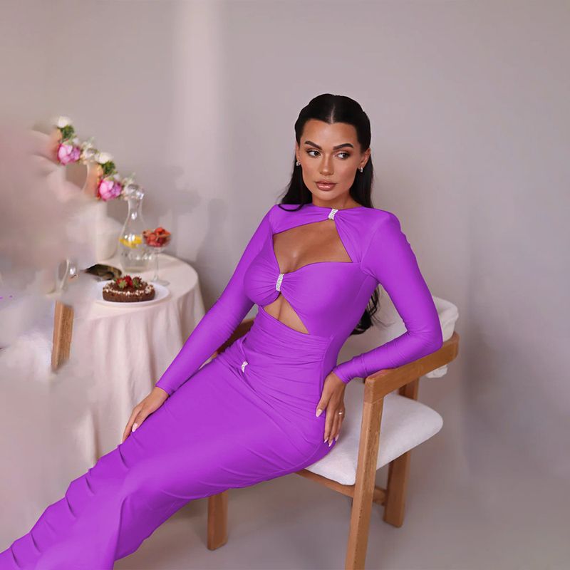 Women's Clothing Ins Style Round Neck Long Sleeved Dress Sexy Fashion Slim Hollow Solid Color Long Skirt_voghion.com