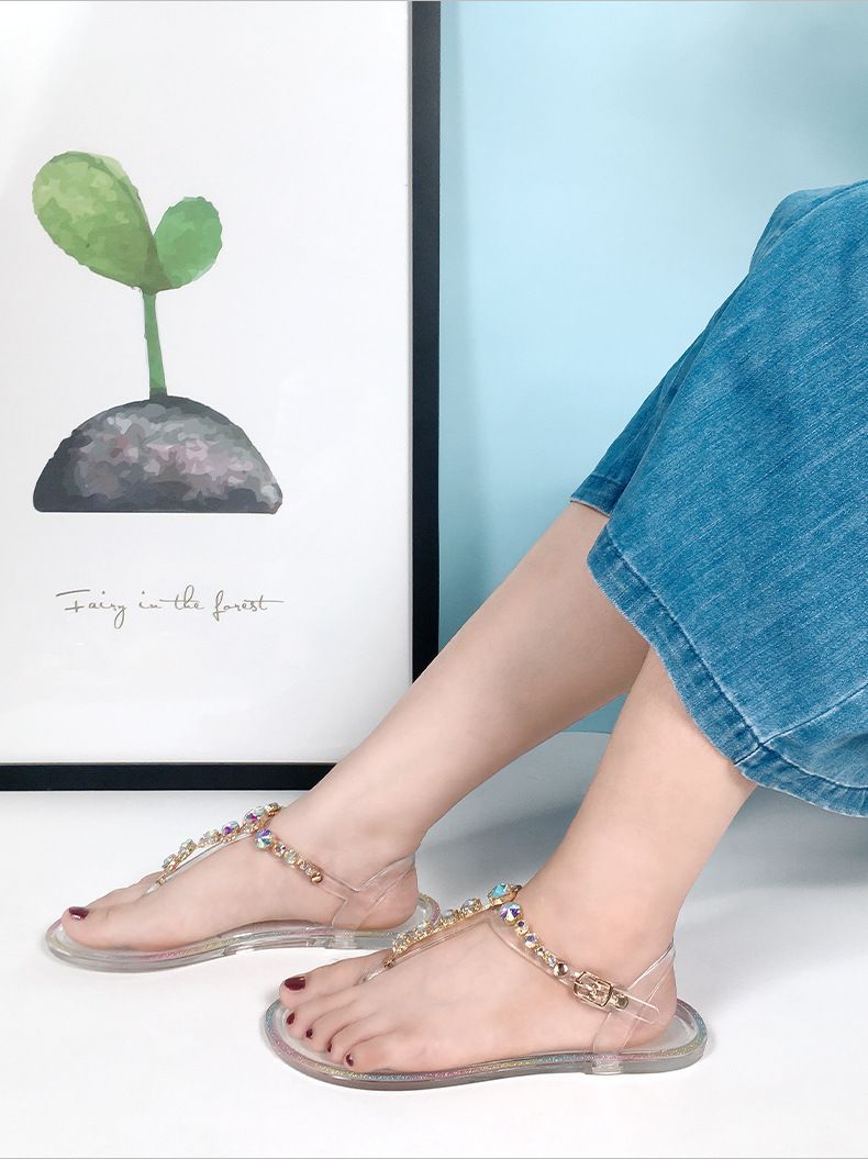 Sandali estivi trasparenti con fondo piatto in PVC da donna, casual, da spiaggia, con cristalli_voghion.com