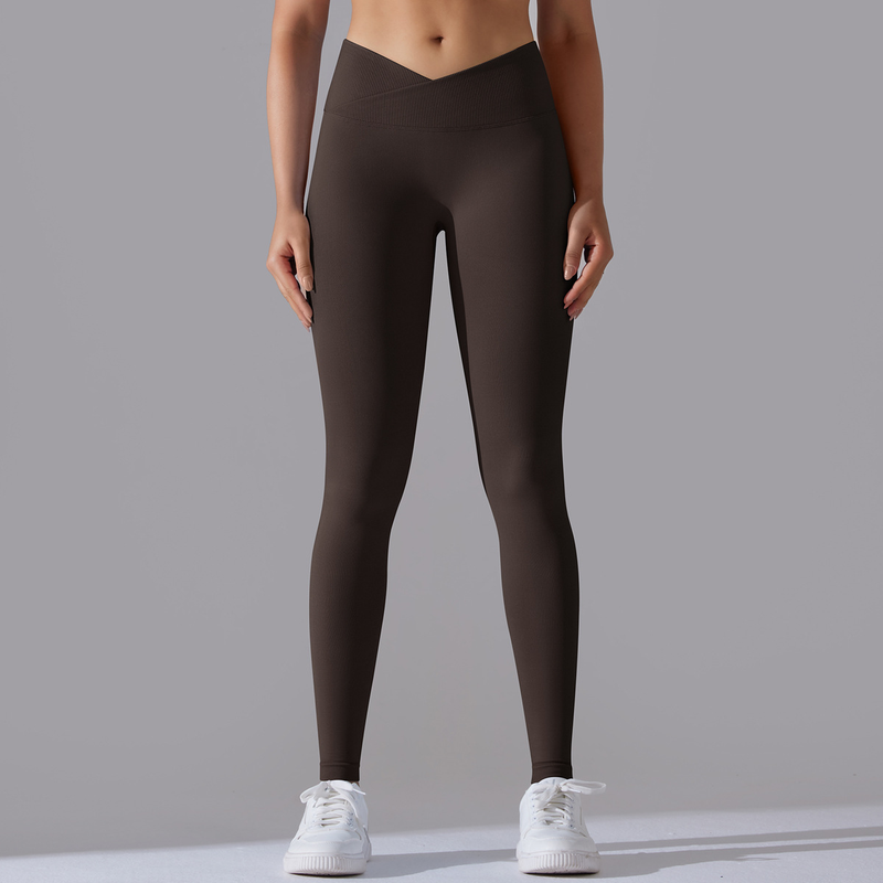 Pantaloni da yoga a nove punti da fitness da donna, lavorati a maglia, traspiranti, in tinta unita, a vita incrociata, color pesca, senza cuciture_voghion.com