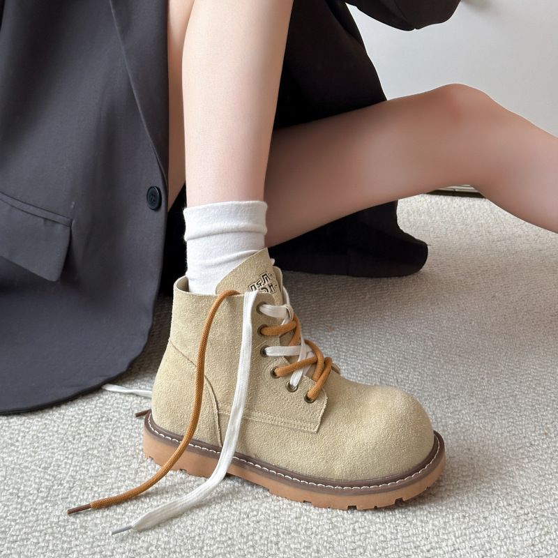 Stivali Martin alla moda autunno/inverno, nuovi stivaletti bassi in pelle scamosciata con lacci e suola piatta da donna_voghion.com