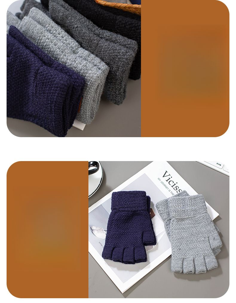 Half Finger Men Autumn Winter Cold Proof Warm Knitted Wool Fingerless Flip Cover Riding Driving Thickened Student Gloves_voghion.com