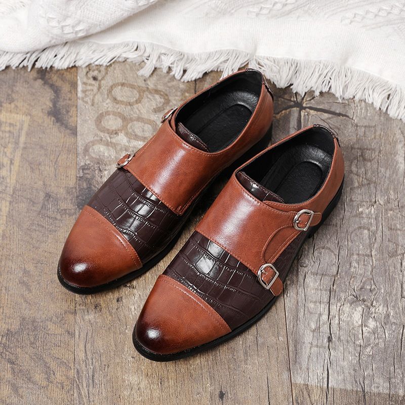 Suitable For All Seasons 38-48 Double Buckle Large Size Crocodile Pattern Men's Trendy Slip-On Casual Monk Leather Shoes_voghion.com
