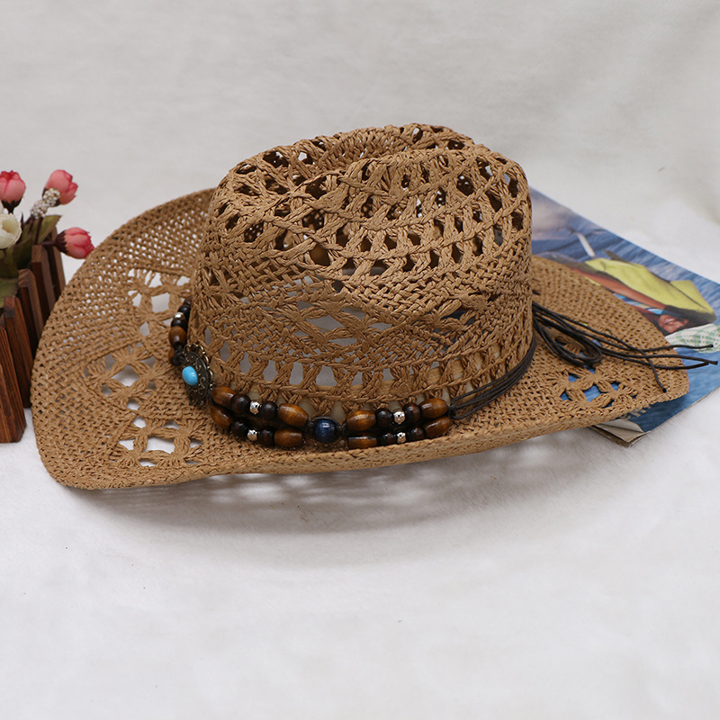 Hand-woven hollowed-out horseflower beach sunshade hats for men and women with cuffed cowboy hats_voghion.com
