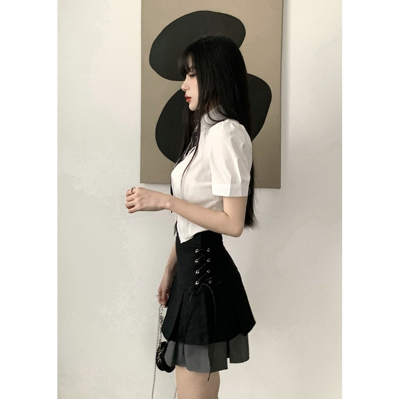 Női rakott szoknya Kawaii gótikus fekete mini szoknya koreai magas derekú Y2k Harajuku Vintage bandázs A-vonalú szoknya Ruhák Nyári_voghion.com