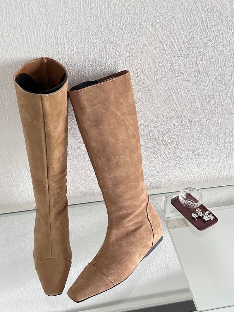 2025 Winter New Design Stitching Pointed Toe Hidden Wedge Suede High Tube Western Cowboy Boots For Women_voghion.com