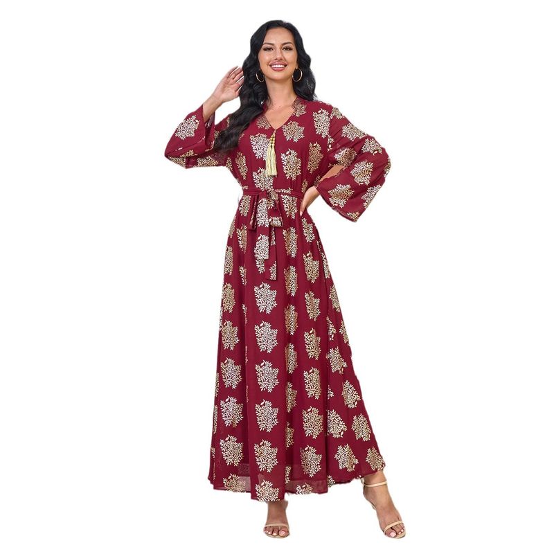 Mt186modes Muslim Abaya Fashion Gold Plated V-Neck Tassel Pendant Robe Dress For Women_voghion.com