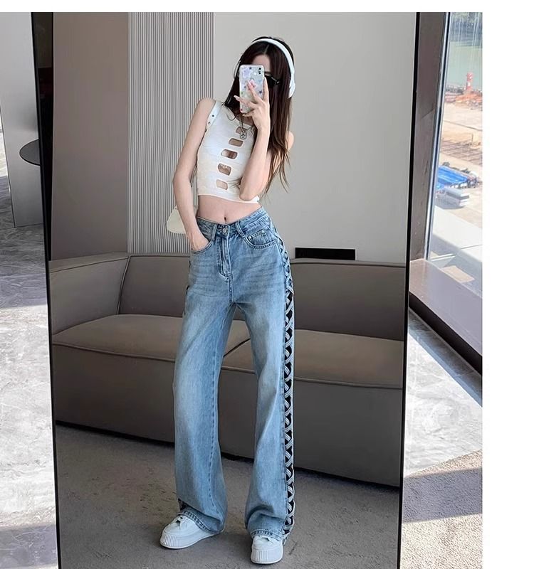 Abbigliamento da donna, design primaverile ed estivo, pantaloni sottili e versatili a vita alta lunghi fino al pavimento_voghion.com