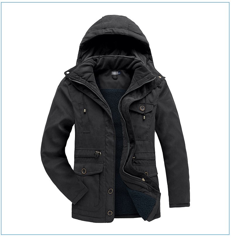 Men's Plus Size Shearling Hooded Cotton Jacket Thickened Multi-Pocket Cotton Top Casual Mid-Length Coat_voghion.com