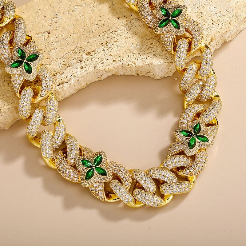 Four-Leaf Clover Cuban Men's Diamond-Studded Necklace Hip Hop Green Twist Chain Trendy Nightclub Accessories_voghion.com