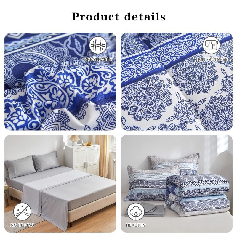 Bettdeckenset, Steppdeckenset, Blau, Bohemian-Steppdecke, dreiteiliges Set_voghion.com