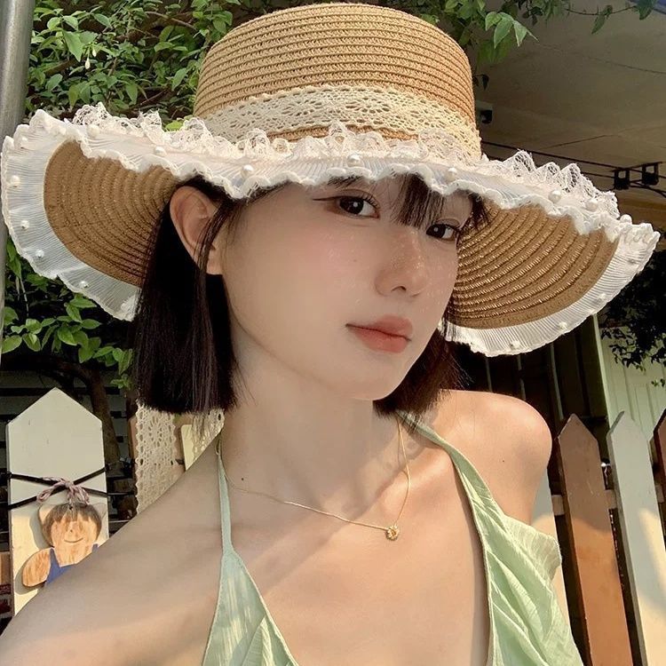 Beach Sun Hat Summer Hat Lace Straw Hat Seaside Shade French Sunscreen Straw Sun Hat Brim_voghion.com