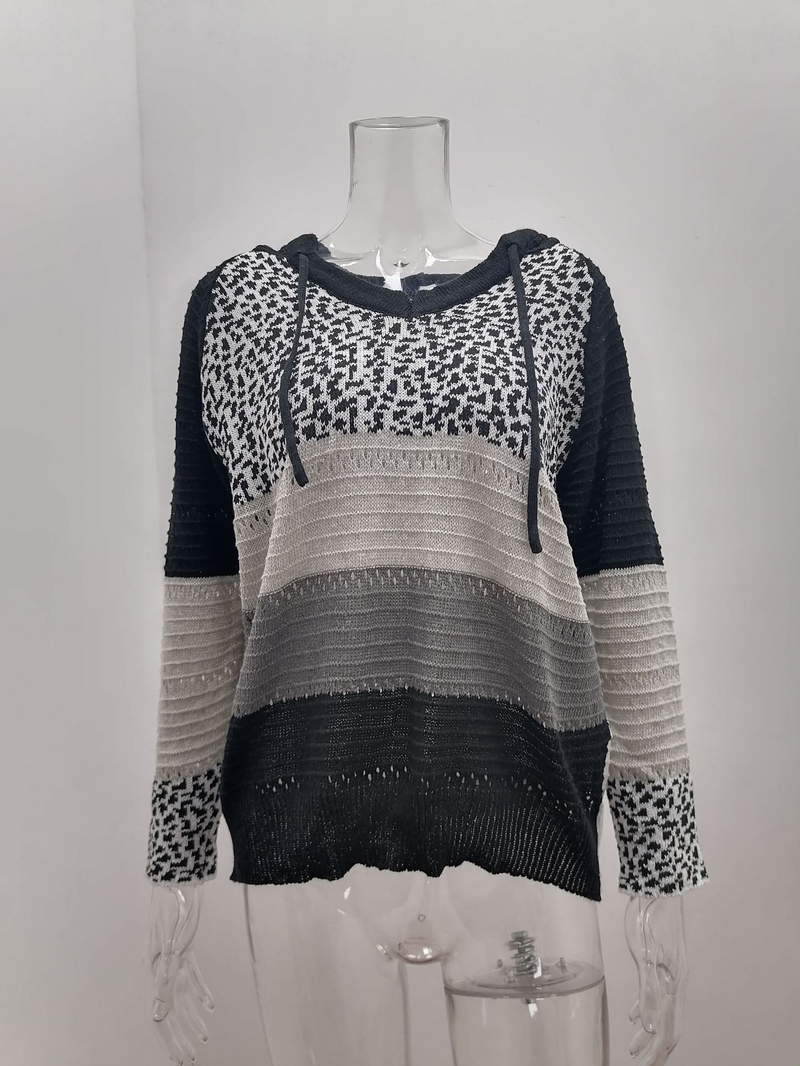Roupas femininas New Wish Outono e Inverno Listrado Com Capuz Suéter Estampa Leopardo_voghion.com