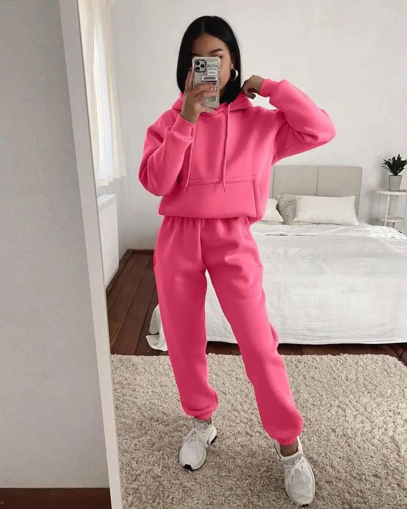 Ropa de mujer casual con capucha de manga larga sudadera con bolsillo color sólido traje deportivo conjunto de dos piezas_voghion.com