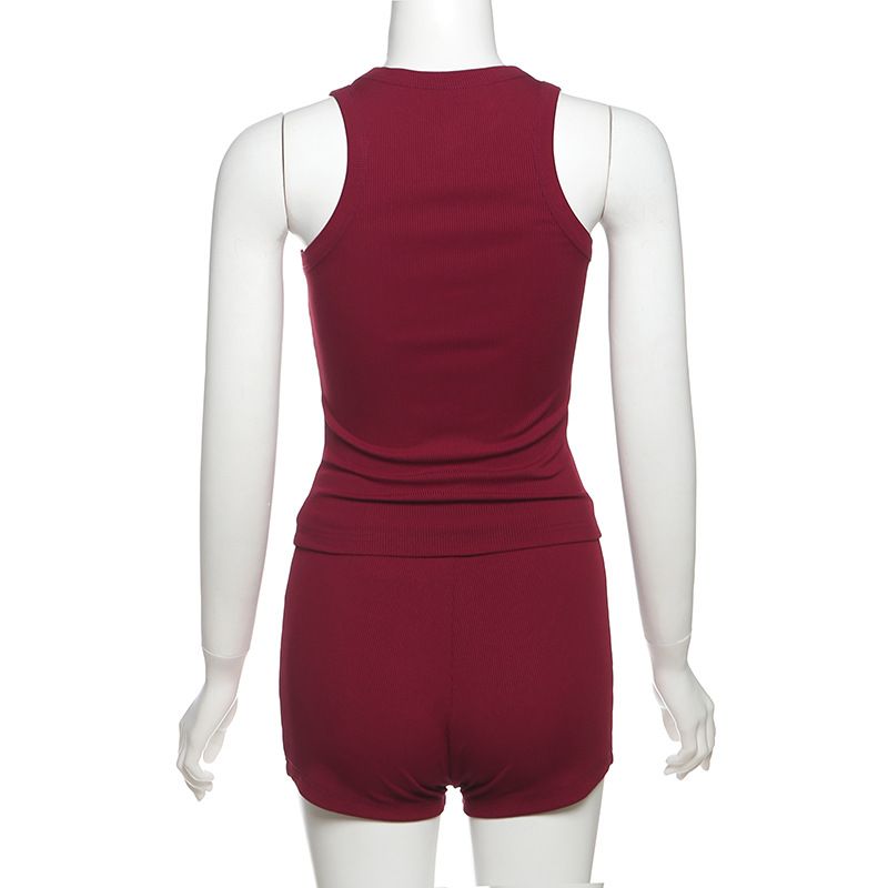 Damenbekleidung Herbstmode Lässig Rundhals Einfarbig Slim Fit I-förmige Weste Hohe Taille Shorts Anzug_voghion.com