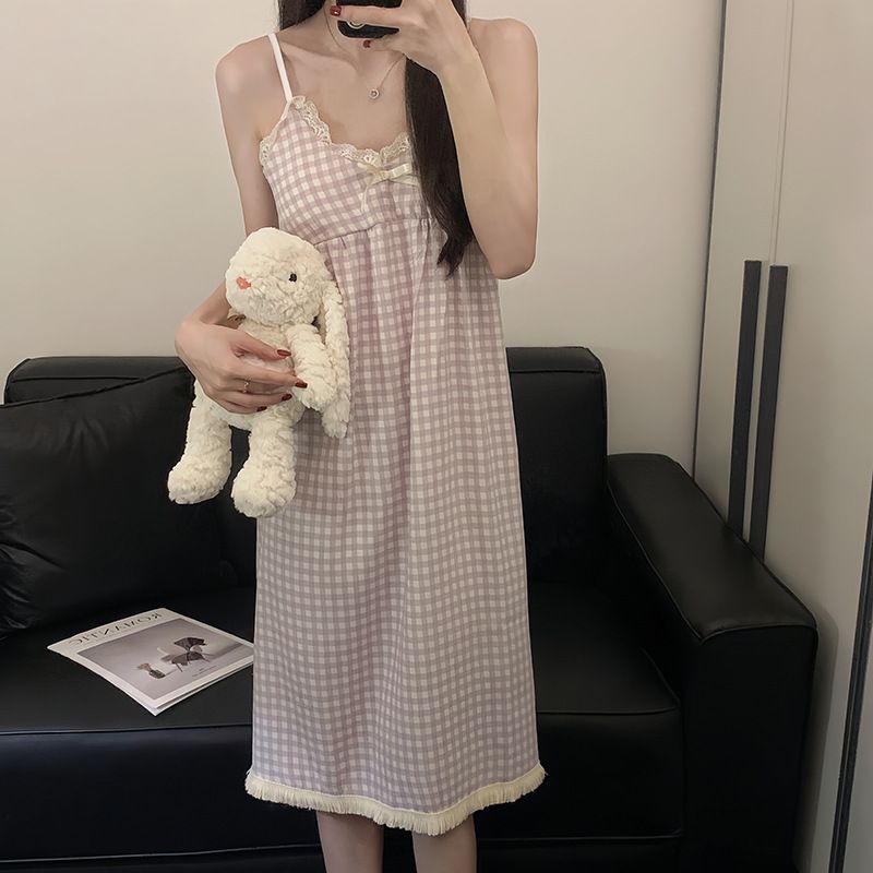 Koreanesch Versioun Quasten Camisole Nuetshemd fir Fraen am Summer, séiss Wolleken-Kotteng-Karierten Nuetshemd, dënnen mëttellaange Rock_voghion.com