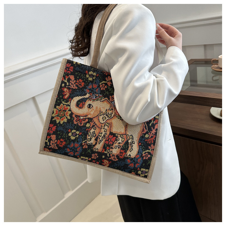 Ethnic Style Cartoon Elephant Xishuangbanna Tourism Handbag, Women's Shoulder Bag, Embroidered Canvas Bag_voghion.com