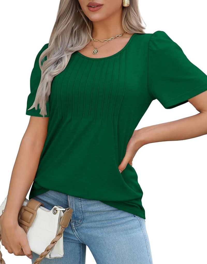 Sommer Kurzarm T-Shirts Für Frauen Elegante Casual Plissee Rundhals Tunika Shirts Für Frauen Einfarbig Casual Blusen_voghion.com