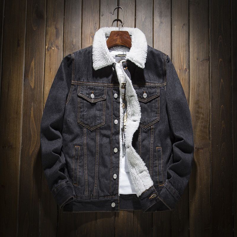 Inverno Novo Grande Casaco Edição Coreana Moda Masculina Pelúcia Grossa Lã De Cordeiro Jaqueta Jeans_voghion.com
