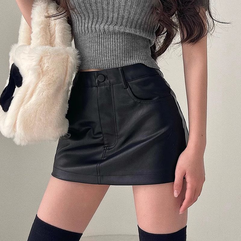 vendita calda estate donne breve retrò sexy sottile vita alta PU pelle antiriflesso mezza lunghezza pantaloni gonna nera_voghion.com
