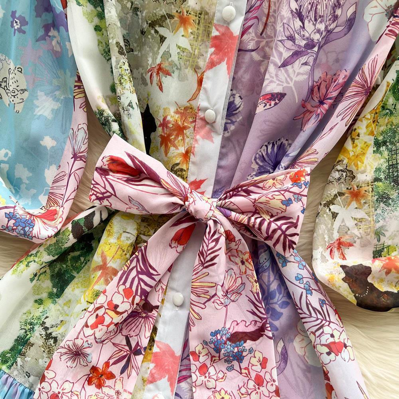 Women's Ins Lazy Holiday Style Loose Chiffon Printed Ruffled Pleated Dress With Large Hem_voghion.com