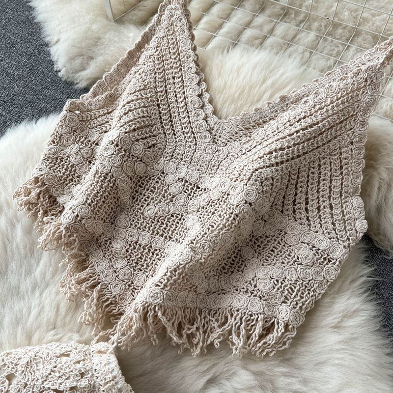 Women's Clothing Spring and summer travel holiday style V-neck tassel suspender tube top + high waist flared pants hook flower two-piece suit_voghion.com