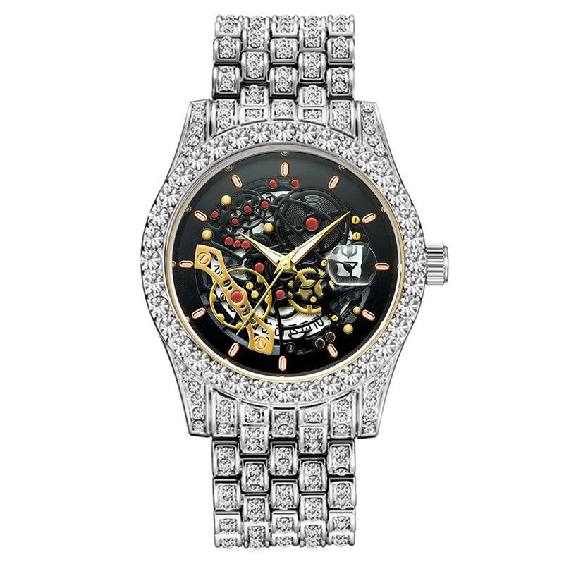 Men's Luxury Hip-Hop Style Quartz Watch With Diamond Accents, Skeleton Dial & Date Display, Stainless Steel Band (Sizes 41mm) Quartz Watch_voghion.com