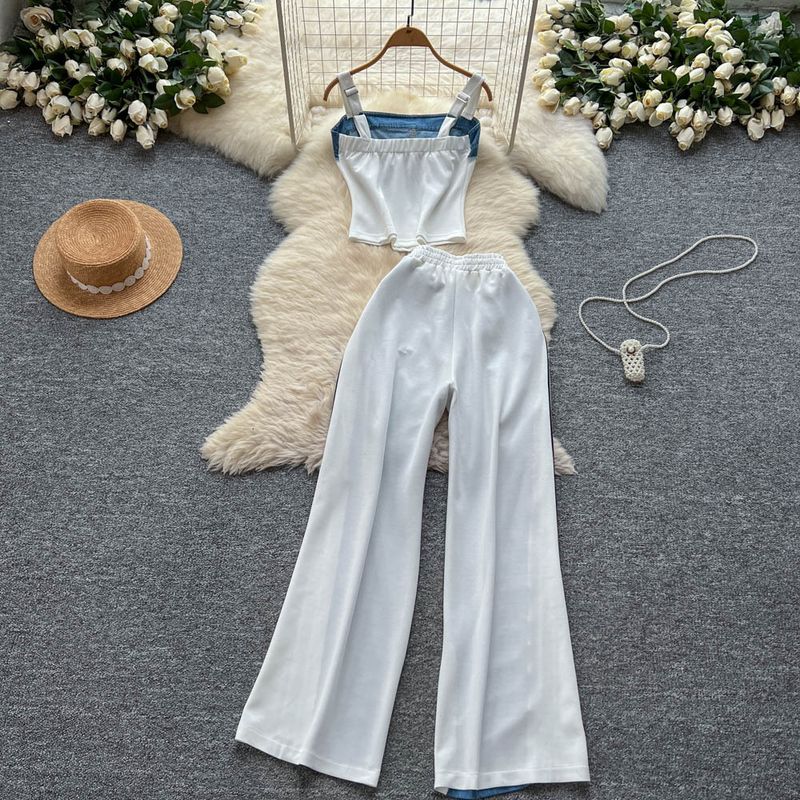 Modischer Freizeitanzug für Damen im Sommer, amerikanische Retro-Hosenträger mit Buchstabenstickerei, kurze Weste, hohe Taille, Denimhose mit weitem Bein_voghion.com