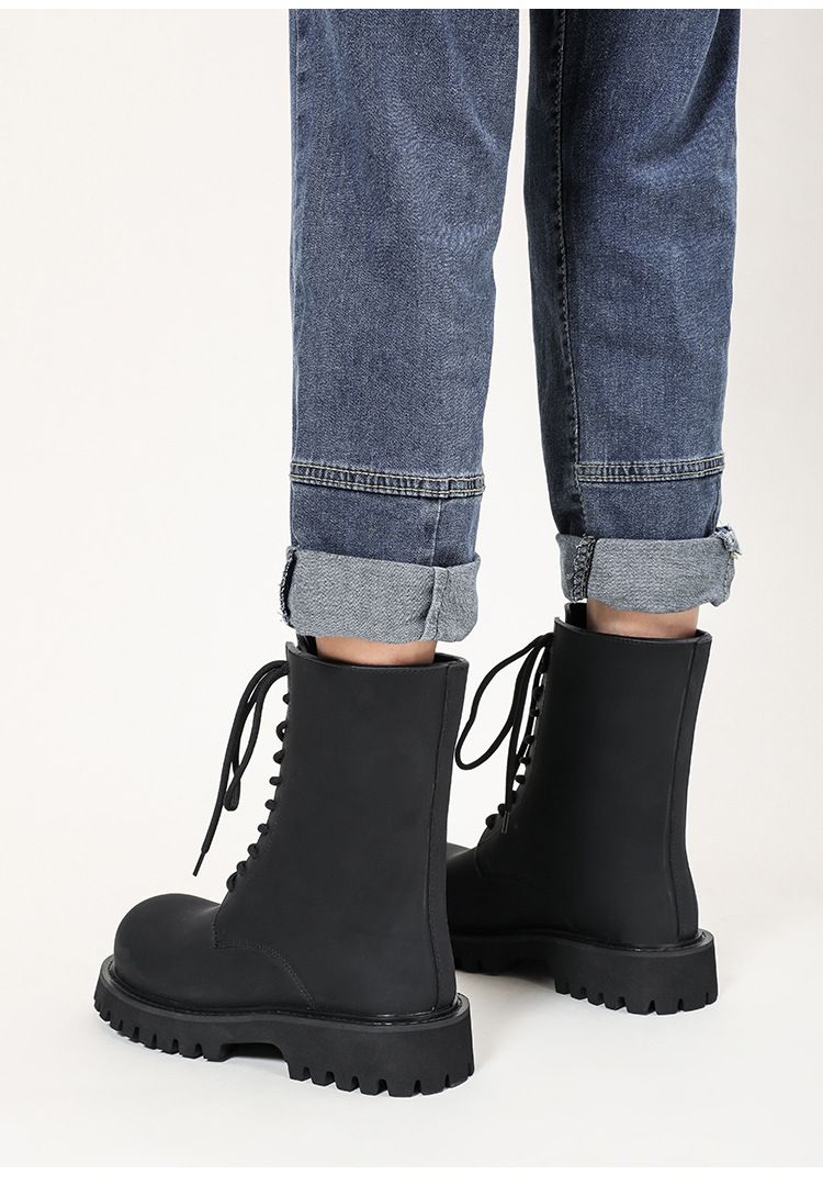 Big Roud Toe Thick Bottom Lace-Up Akle Woma Witer 2023 Black Platform Chuky Heel Short Boots Fashio Shoes for_voghion.com