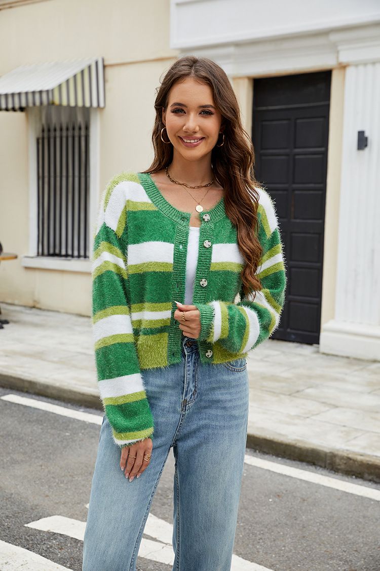 Veste parfumée de qualité supérieure, cardigan décontracté en tricot à col en V et couleur contrastée pour l'automne_voghion.com