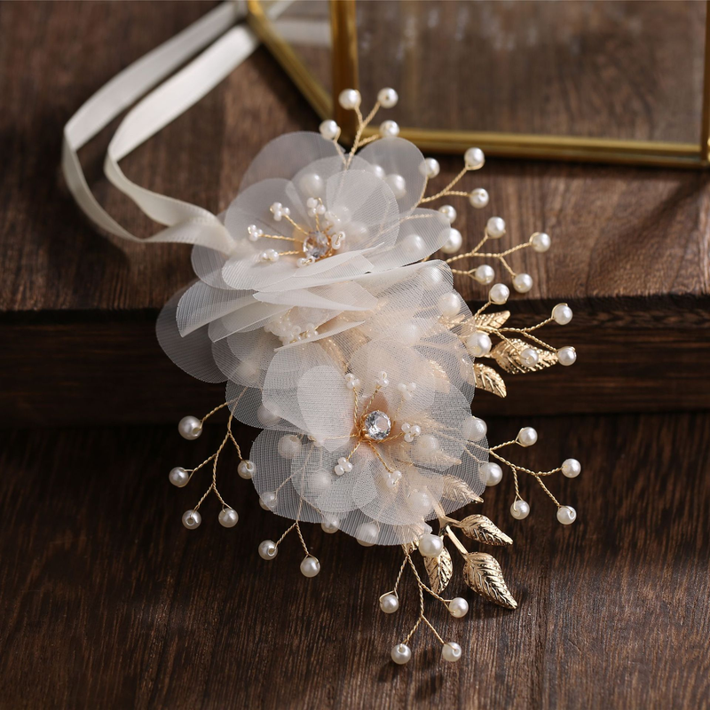 Copricapo da sposa in stile coreano, pezzo di fiore fata beige, accessori per capelli a forcina in lega d'argento, accessori per damigella d'onore_voghion.com