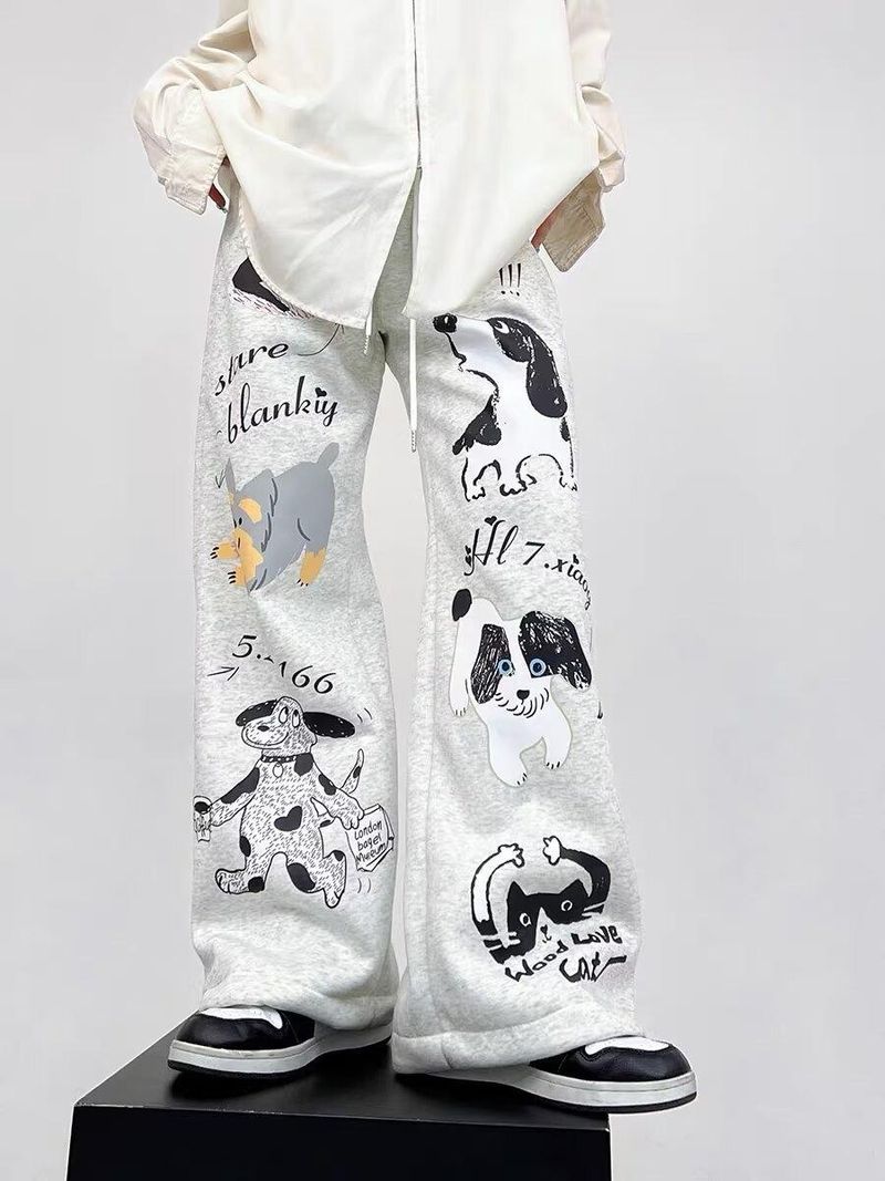 Herrkläder Retro Trendiga Valp Graffiti Casual Byxor Moderiktiga Och Mångsidiga Trendiga Nischade Par Casual Sportbyxor_voghion.com
