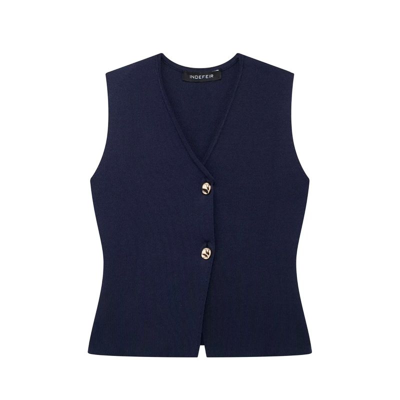 Women's 2024 Autumn/Winter New Street Fashion Gold Button Knitted Tank Top_voghion.com
