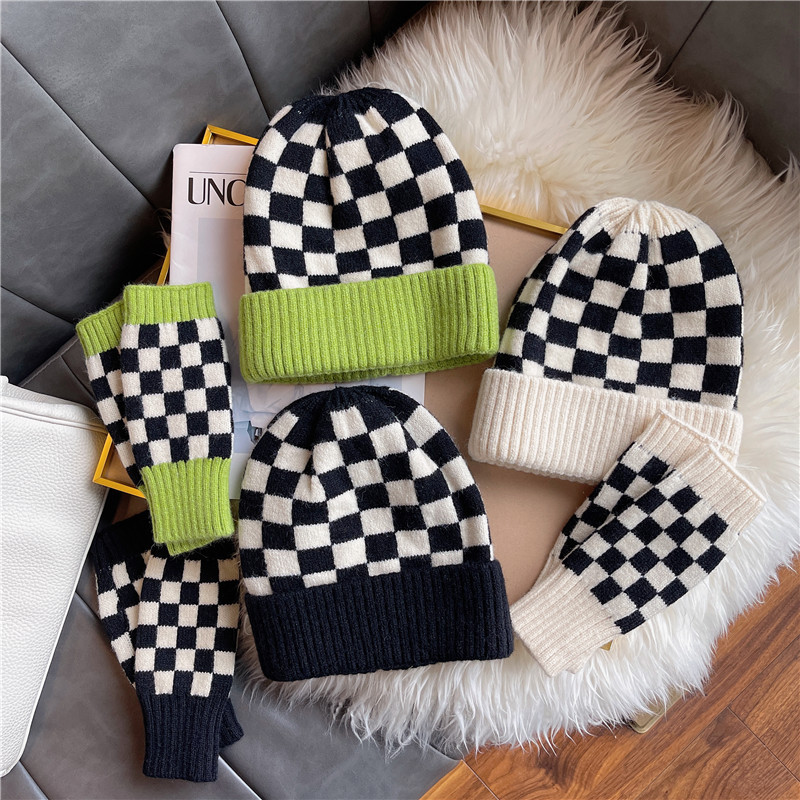 Bonnet tricoté en damier, automne et hiver, écriture féminine, chapeau en laine vert petite herbe, grosse tête, demi-doigt, niche_voghion.com