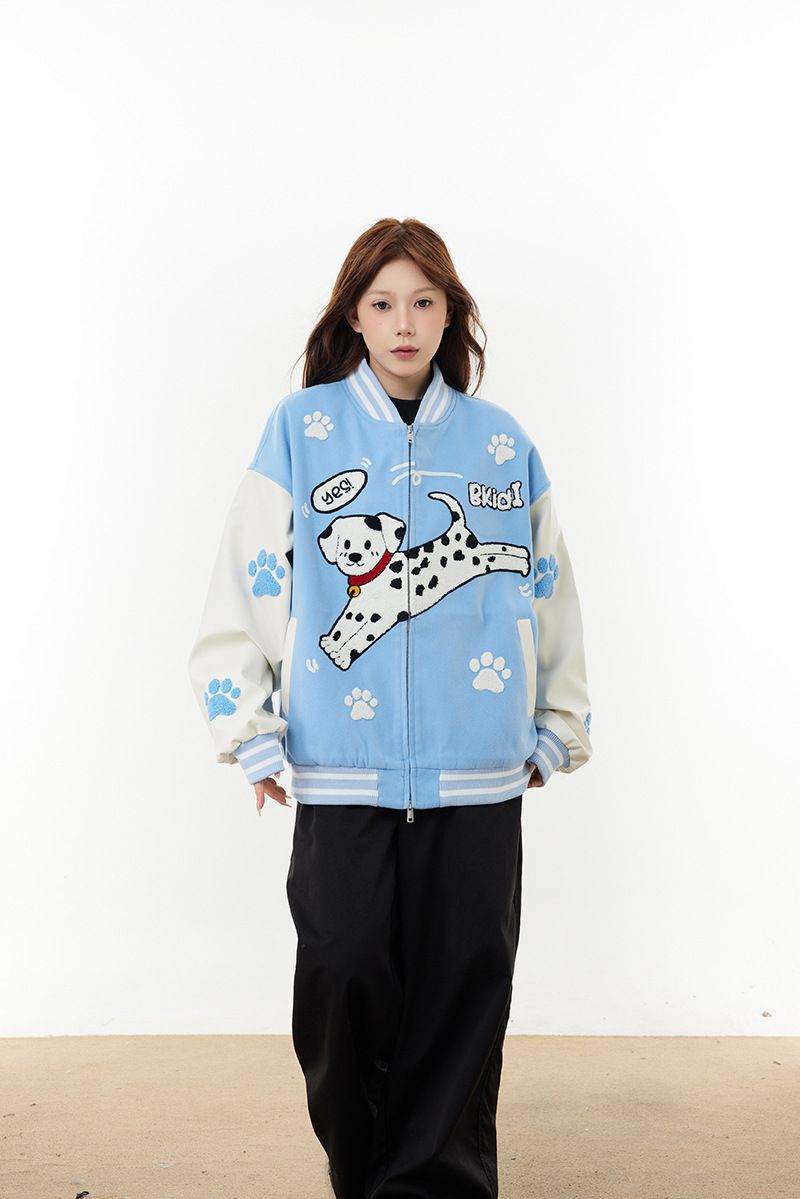 American Style Spotted Dog Paw Embroidery Flocked Baseball Jacket Fashion Unisex Trend_voghion.com