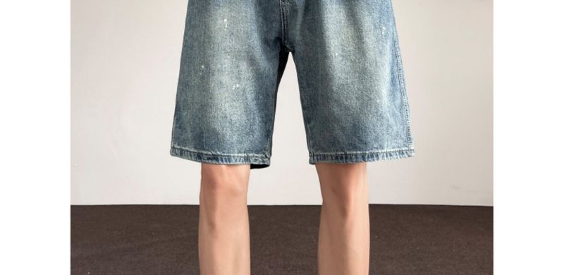 Ink Splashed Denim Shorts Men's Retro Street Loose Straight Shorts High Street Trend Solid Color Versatile Casual Shorts_voghion.com