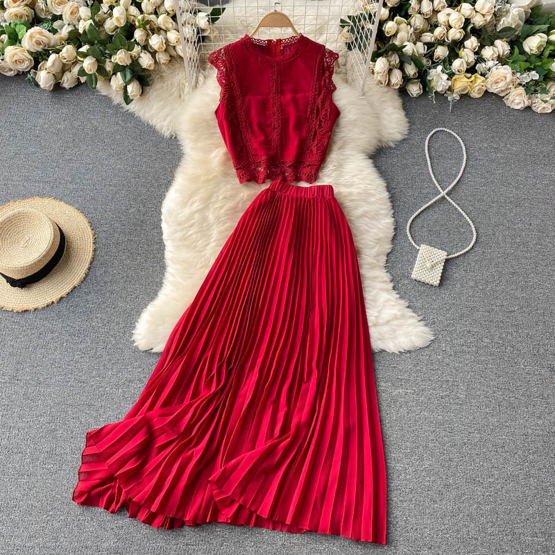 Haut en dentelle pour femmes, taille 1, jupe plissée en mousseline de soie, costume deux pièces_voghion.com