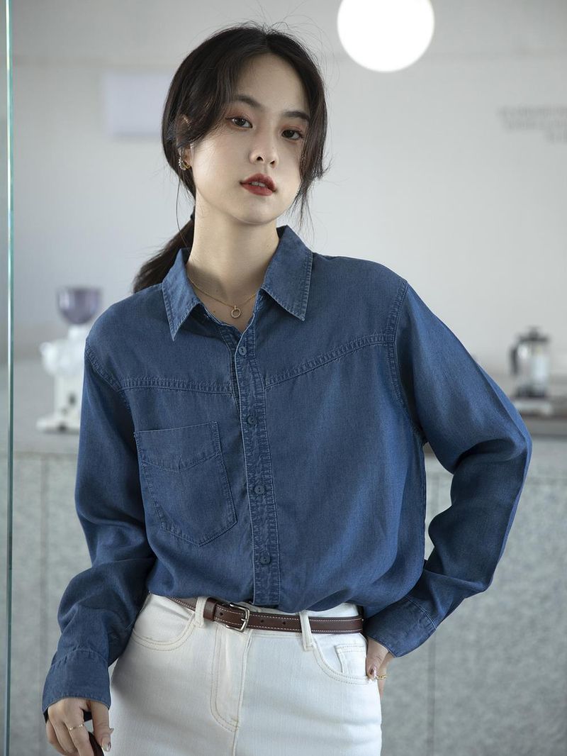 Camicia estiva in denim di seta ghiacciata da donna, stile Hong Kong, con protezione solare_voghion.com
