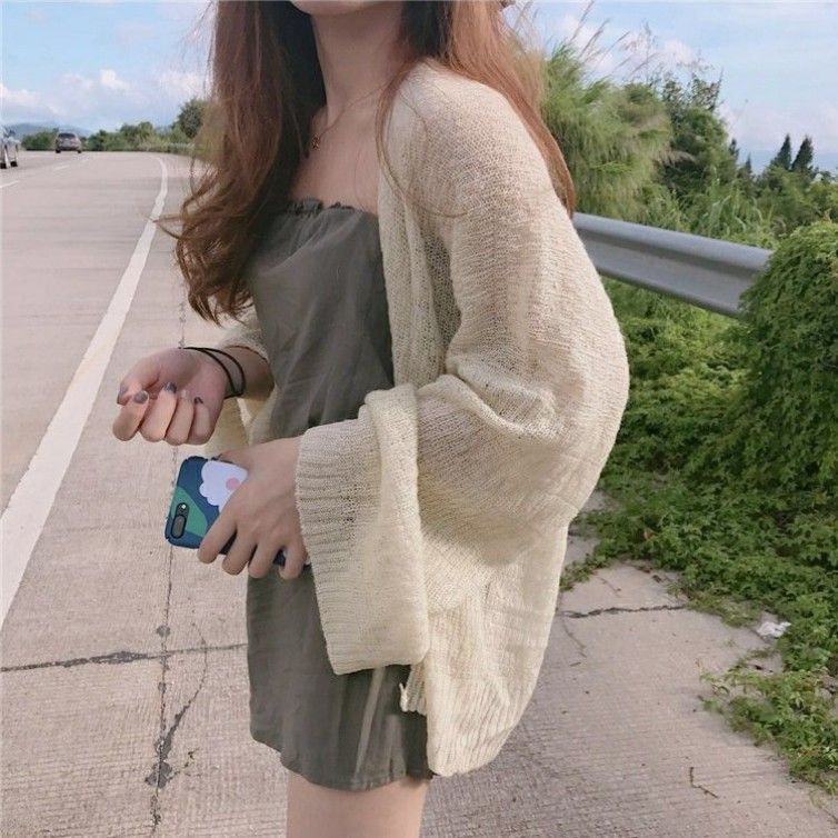 Cardigan in maglia a maniche lunghe leggero oversize in stile coreano - Coprispalle con protezione solare, coprispalle estivo sottile e arioso per donna_voghion.com