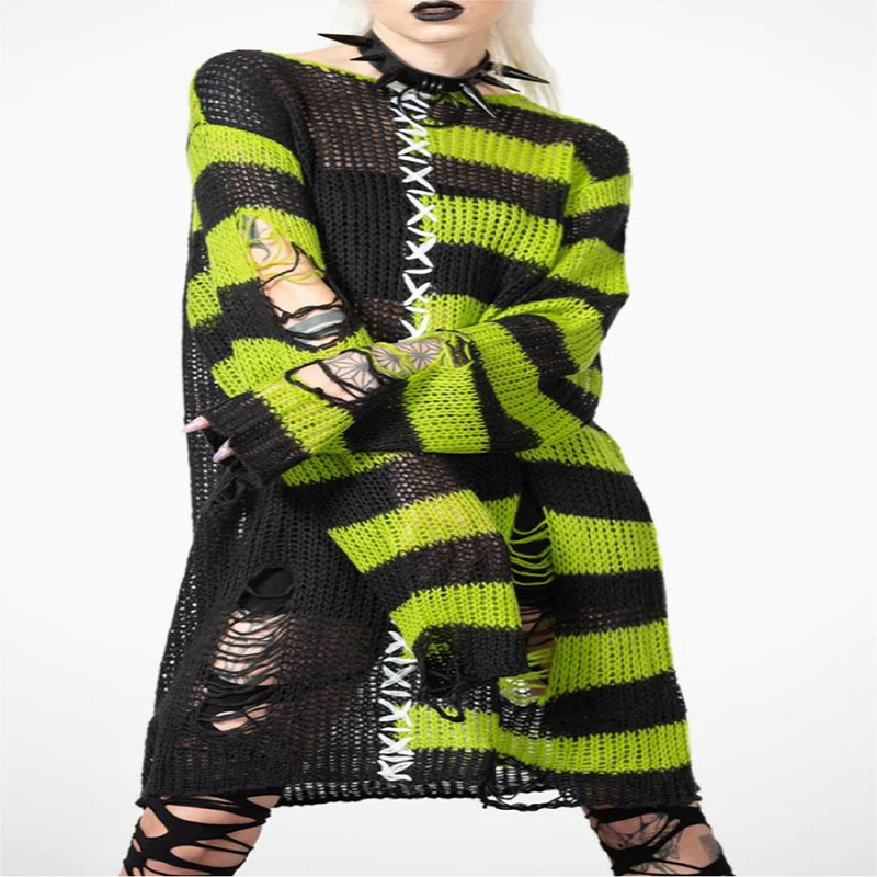 Maglione pullover a contrasto a righe larghe alla moda da donna, punk di Halloween, lungo_voghion.com