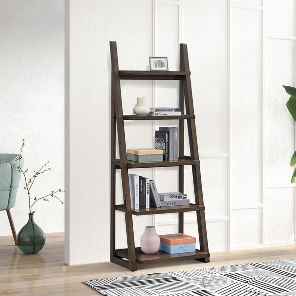 5-Tier Shelves,Bookshelf, Storage Rack, Bookcase With Rubber Wood Frame, Ladder Shelf For Living Room, Home Office, Kitchen, Bedroom, Apartment ,Rus_voghion.com
