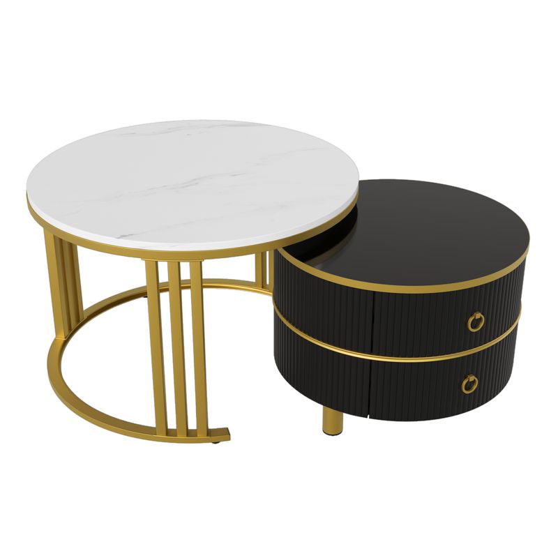 Table basse ronde 2 en 1 en MDF, table d'appoint avec plateau brillant et 1 plateau en marbre blanc, ensemble de table basse de salon avec 2 tiroirs, 70 x 70 x 46 cm + 50 x 50 x 40 cm_voghion.com