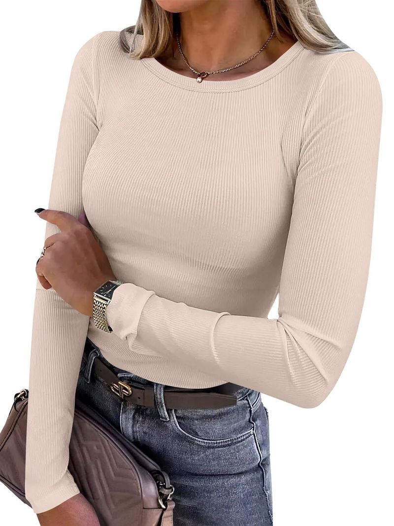 Maglietta basic aderente in maglia a coste con scollo rotondo e maniche lunghe da donna 2024_voghion.com