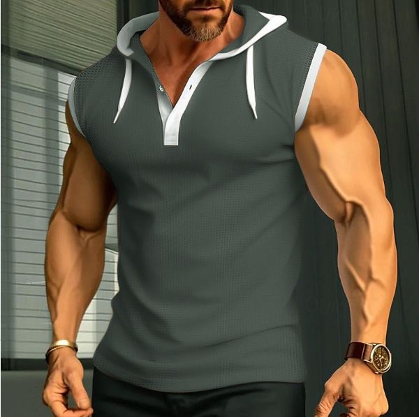 2024 Summer New Men's Tank Top Hooded Shoulder Trendy Brand Casual Sleeveless T-shirt_voghion.com