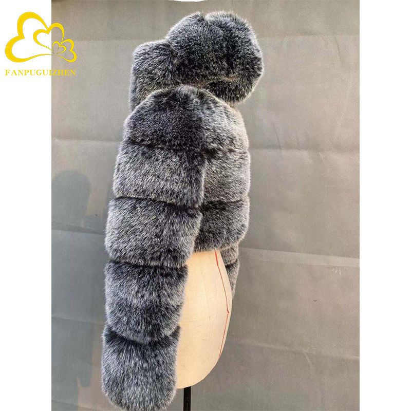 Damenbekleidung Neuer Herbst- und Wintermantel mit kurzem Pelz und Kapuze, Fuchspelz, Spleißen, kurzer, langärmeliger Damenmantel_voghion.com