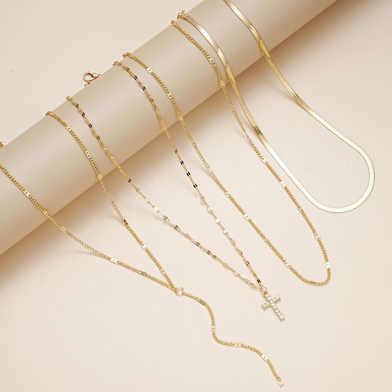 Set di collane con croce a strati placcate in oro, ciondolo a croce con zirconi cubici e catene multifilo, gioielli religiosi e quotidiani_voghion.com