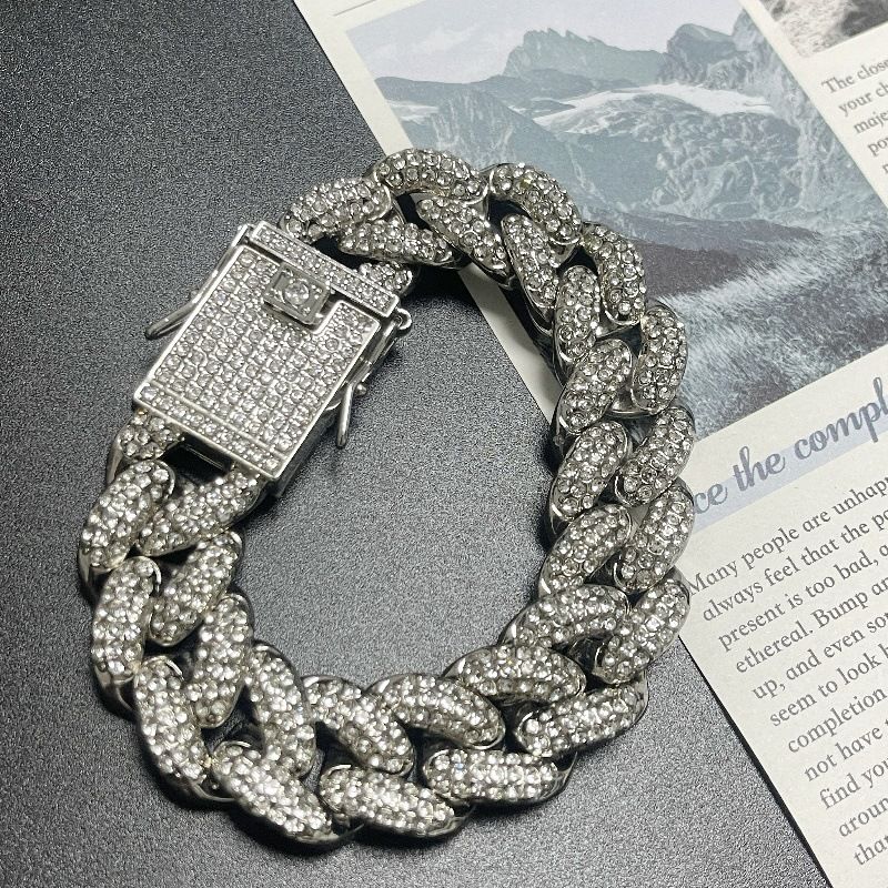 New Style Personality Hip Hop 18mm Wide Arc Shaped Bracelet Necklace Alloy Full Diamond Cuban Chain Can Be Customized In Length_voghion.com