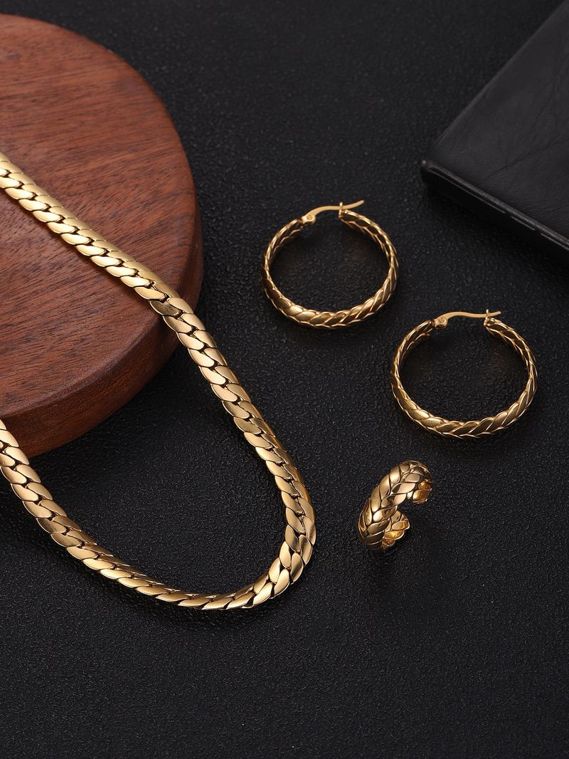 Schmuck aus Titanstahl, modische und schlichte gewebte Halskette, High-End-Feeling für Damen, Weizenohr-Ohrringe, Ringset_voghion.com