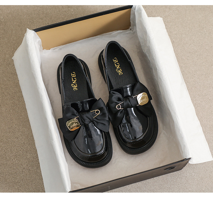 Loafer mit dicker Sohle für Damen im Frühjahr und Herbst im Retro-Stil im britischen Stil, kleine Lederschuhe mit schwarzer Schleife, Slip-on, weiche Sohle, Einzelschuhe für Damen_voghion.com